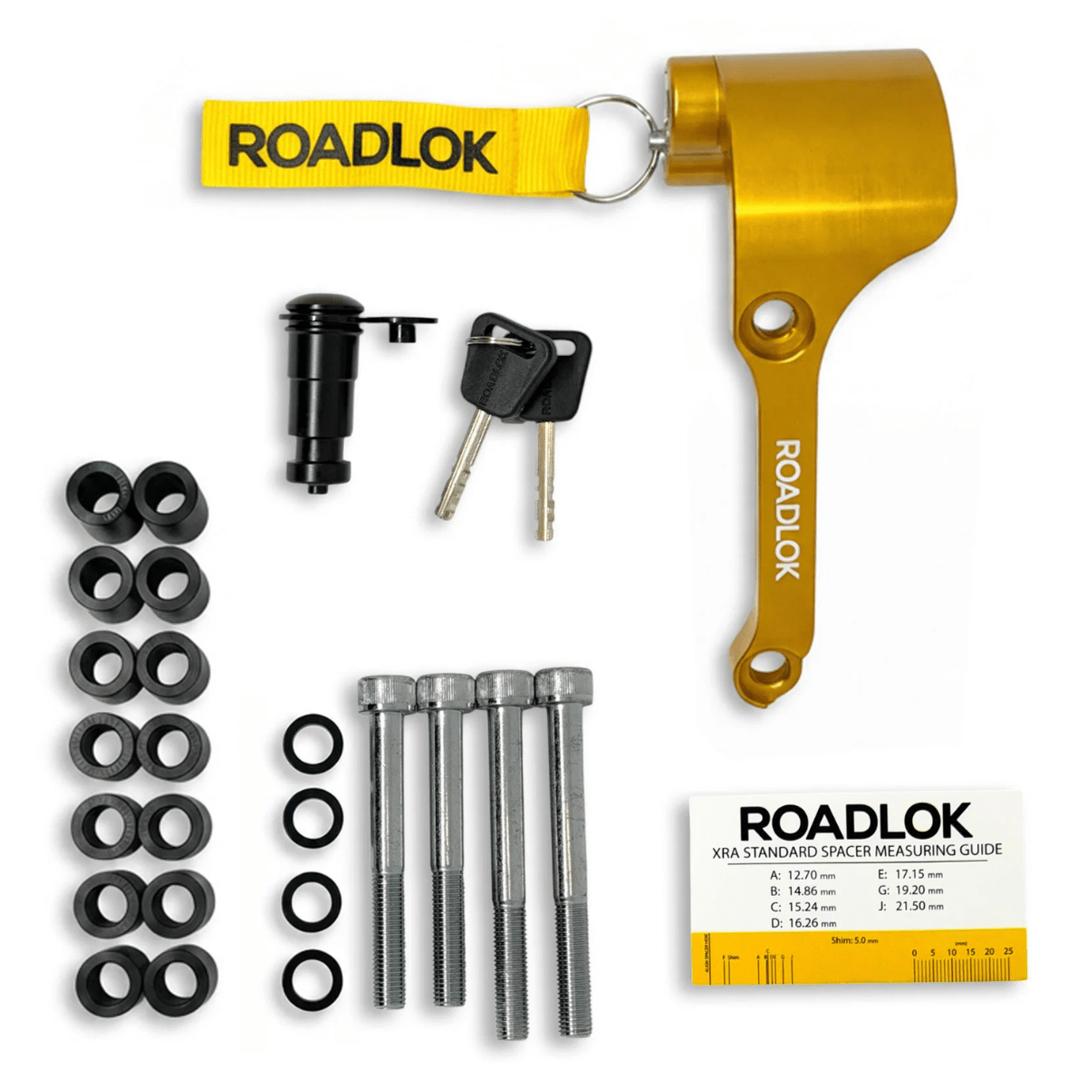 Antivol bloque-disque Roadlok anodisé or avec BrakeBolt, deux clés et goupille de verrouillage