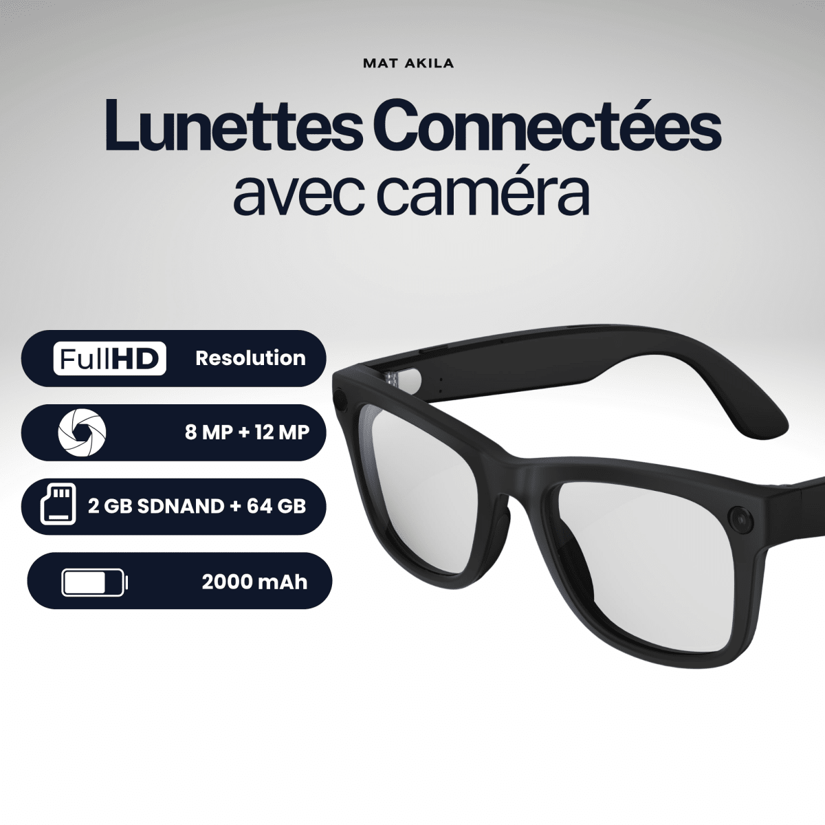 Lunettes intelligentes IA MAT AKILA, monture noire avec caméra intégrée
