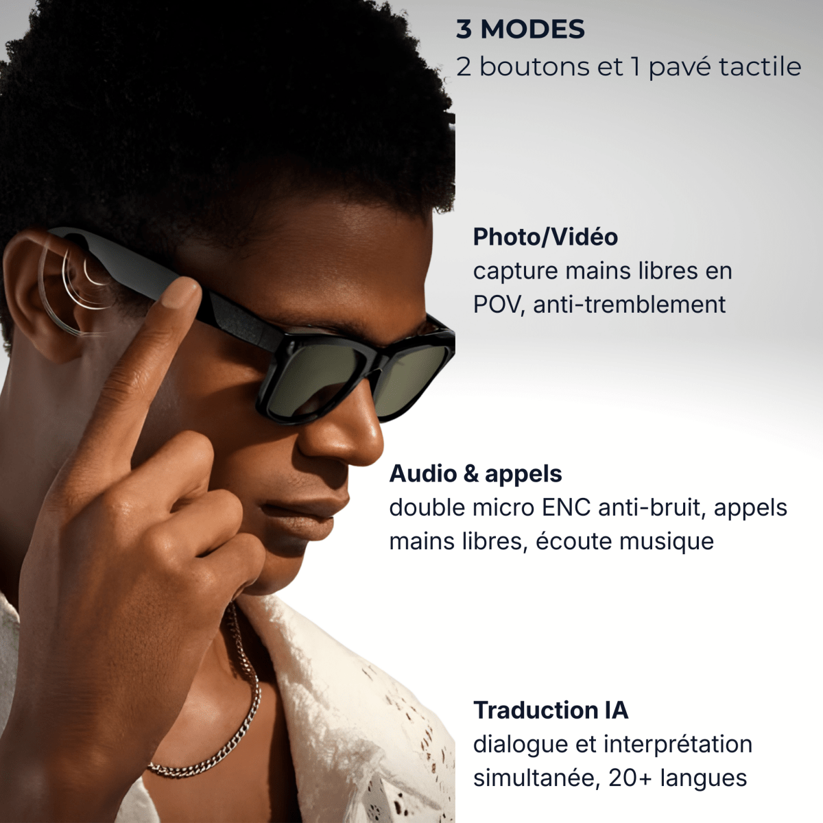 Lunettes intelligentes IA MAT AKILA, monture noire avec caméra intégrée