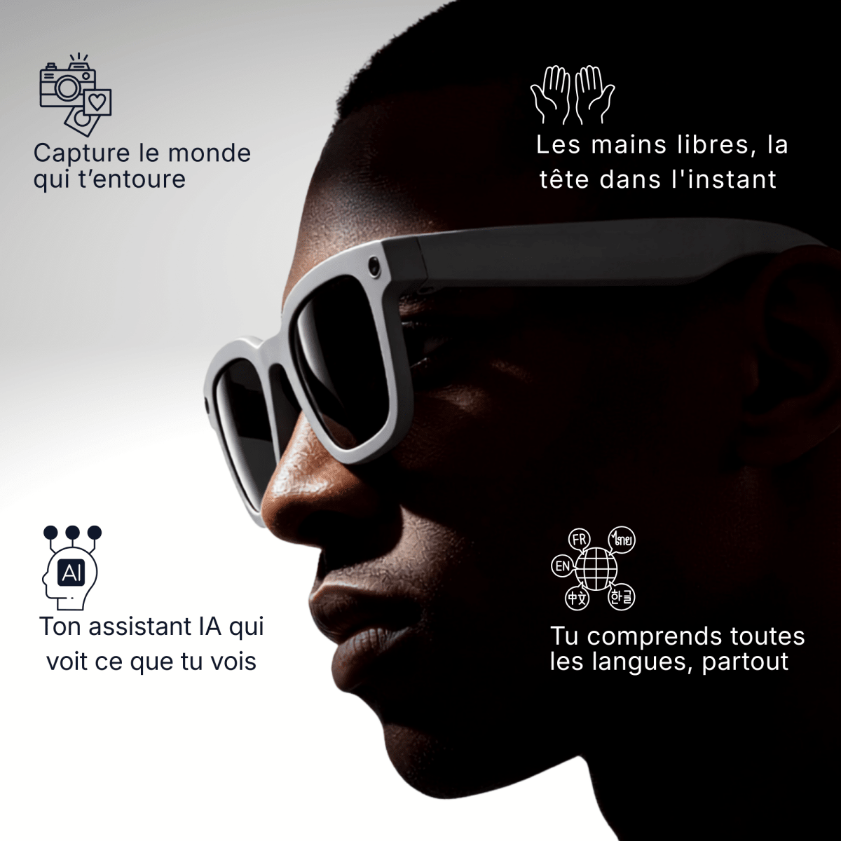 Lunettes intelligentes IA MAT AKILA, monture noire avec caméra intégrée