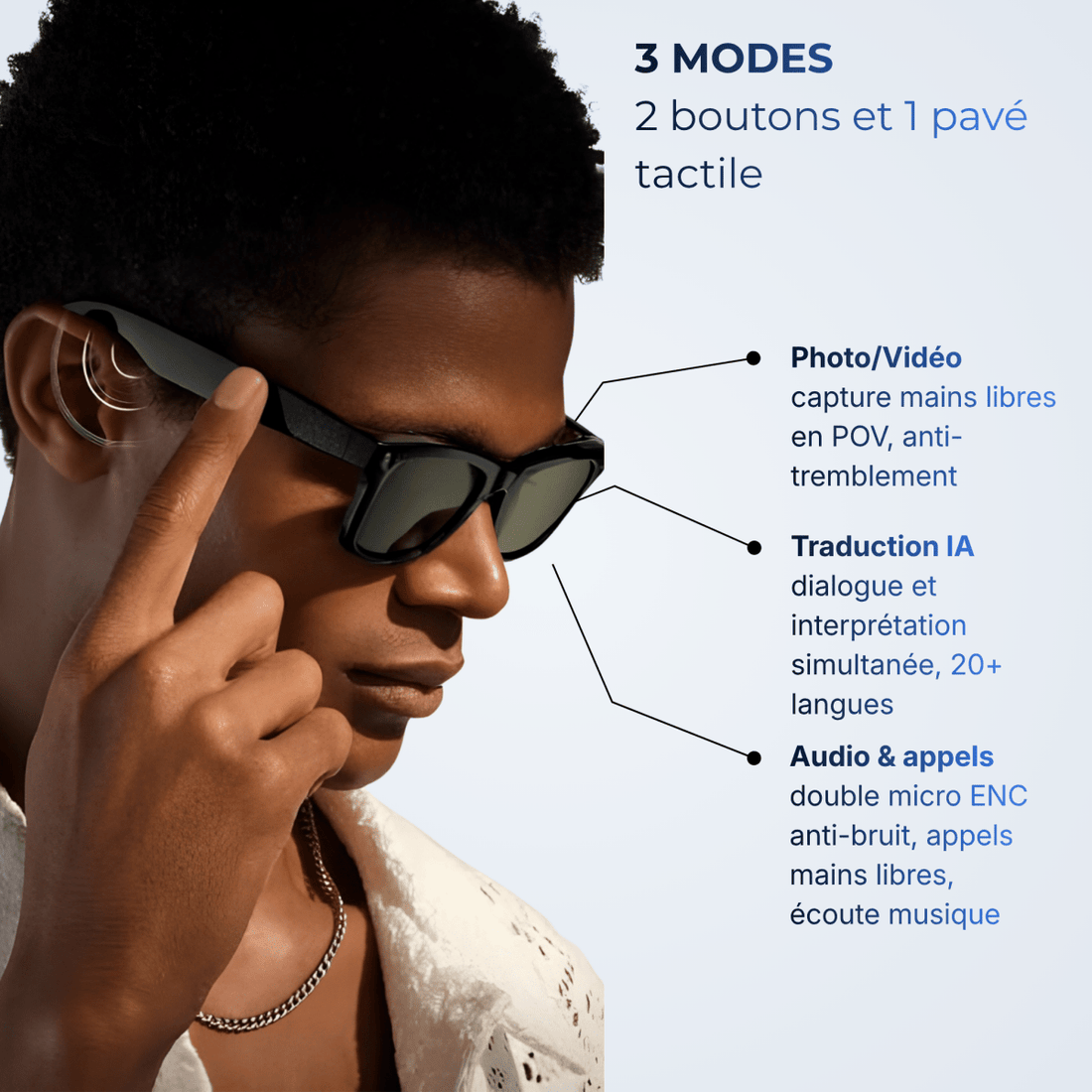 Homme portant des lunettes intelligentes légères pour créateur de contenu 1