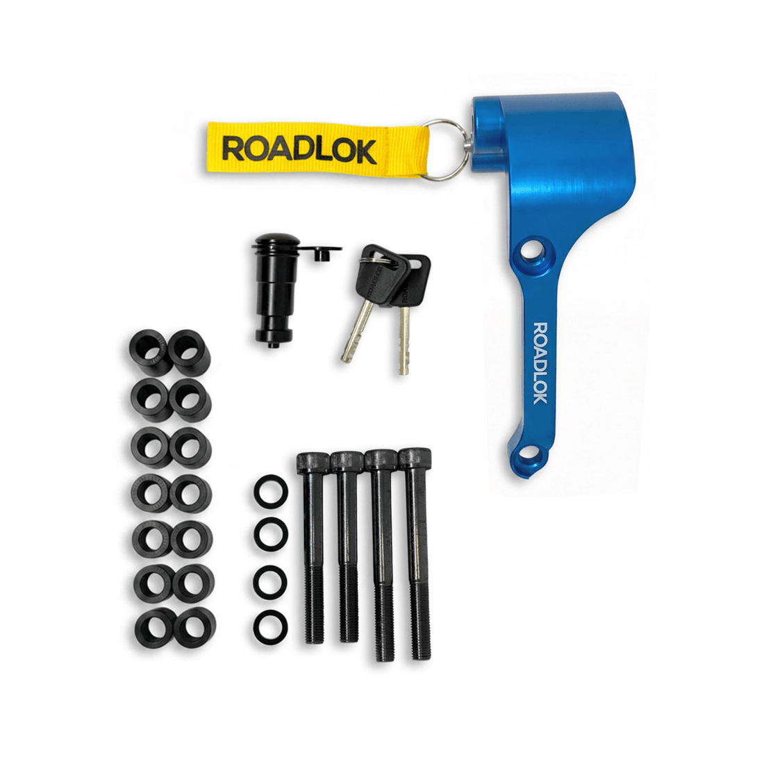 Antivol bloque-disque Roadlok anodisé bleu avec BrakeBolt, deux clés, goupille de verrouillage et visserie