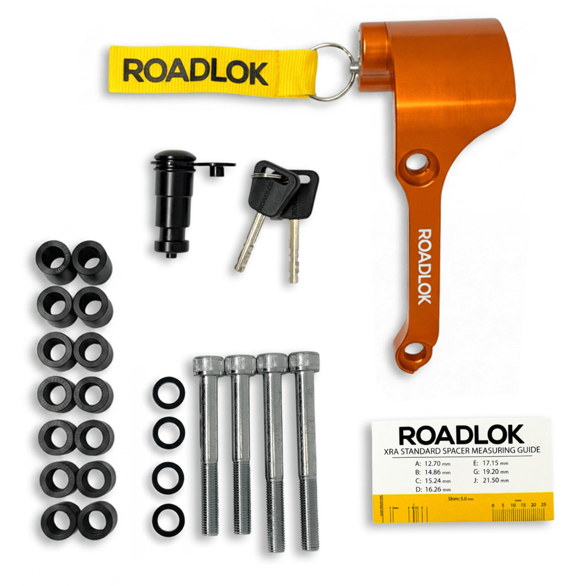 Antivol bloque-disque Roadlok anodisé orange avec BrakeBolt, deux clés et goupille de verrouillage
